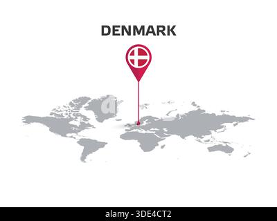 DENMARK Location Pin on World Map with Flag in Pin's Body Stock Vector