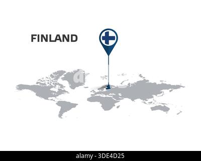 FINLAND Location Pin on World Map with Flag in Pin's Body Stock Vector
