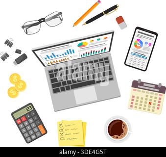 Auditing, Tax process calculation, accounting Concept. Auditor holds glass in hand and checks financial report. Charts on laptop and smartphone screen Stock Vector