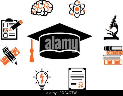 Online distance education horizontal banner with two color flat icons test, diploma, startup, books. typography concept. isolated vector illustration Stock Vector