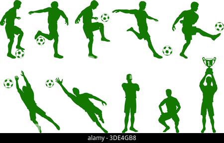 Set Silhouettes Soccer Players, Goalkeeper, Team Champion with Cup, Ball, vector isolated on white background Stock Vector