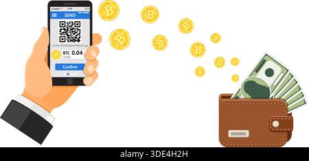 Crypto currency technology concept. Hand holds mobile phone with cryptocurrency bitcoin for trading, buying, selling, mining bitcoins and transfer to Stock Vector