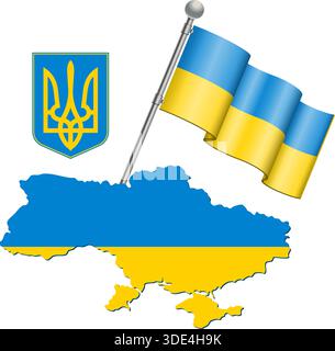 Flag, Coat of Arms and Map Ukraine, vector isolated on white background Stock Vector