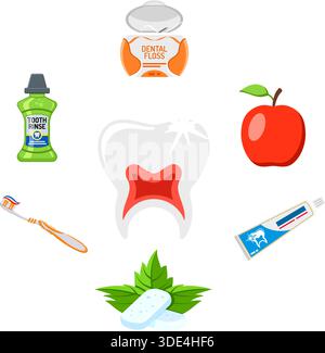 Dental Services like Oral Hygiene Concept with flat icons tooth, tooth rinse, dental floss, chewing gum and toothbrush. vector illustration Stock Vector