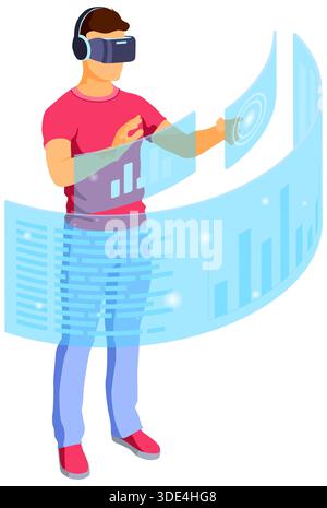 Man wearing virtual reality glasses with augmented reality touches transparent screens. isometric future technology. isolated vector illustration. lan Stock Vector