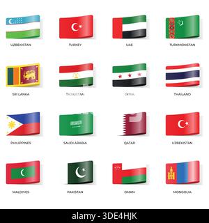 Set of Variant Wavy Flags Isolated on Dark Background Stock Vector