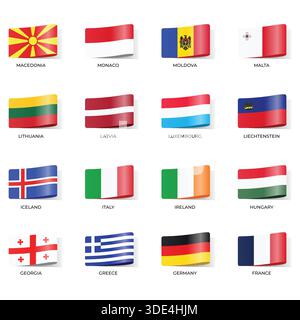 Set of Variant Wavy Flags Isolated on Dark Background Stock Vector