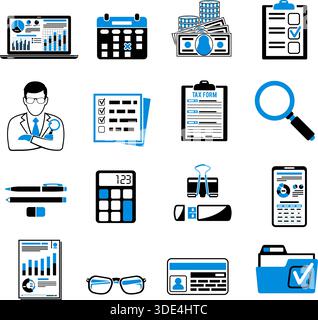 Set Auditing, Tax process calculation, Business Accounting two color icons in flat style. Calculator, Magnifying Glass, Auditor, financial reports and Stock Vector