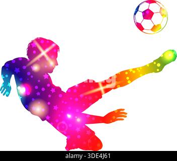 Bright Rainbow Silhouette Soccer Players, Goalkeeper, Team Champion with Cup, Fans on grunge background, vector illustration Stock Vector