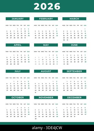 Calendar Template for 2026 Year with Monday Start Stock Vector