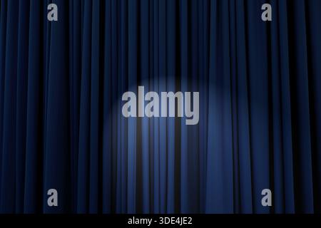 Background texture of navy blue, heavily corrugated curtain with stage light in the middle Stock Photo