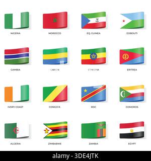 Set of Variant Wavy Flags Isolated on Dark Background Stock Vector