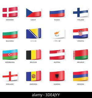 Set of Variant Wavy Flags Isolated on Dark Background Stock Vector