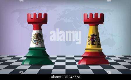 Two Standing Rooks Representing Mexico vs Spain with Flags on Bodies and World Map in Background Stock Vector