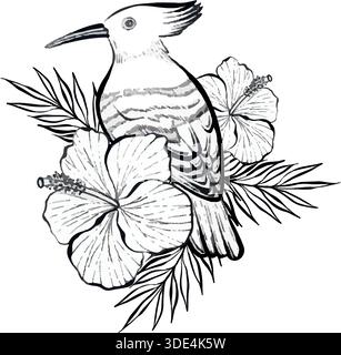 Hoopoe bird surrounded by tropical flowers and leaves in detailed vector line illustration on white background, decorative botanical wildlife graphic for logos, prints, packaging, posters and branding Stock Vector