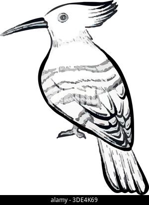 Vector line illustration of hoopoe bird standing in profile, isolated on white background, clean wildlife graphic ideal for logos, prints, packaging, posters and modern nature themed design projects. Stock Vector