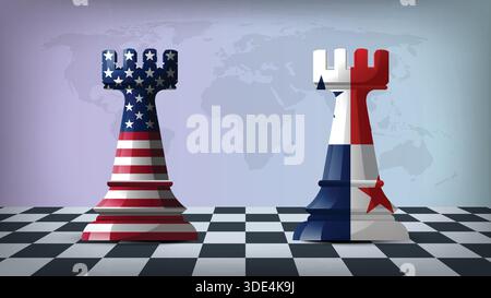 Two Standing Rooks Representing Panama vs USA with Flags on Bodies and World Map in Background Stock Vector