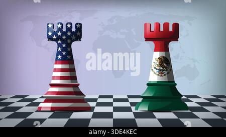 Two Standing Rooks Representing USA vs Mexico with Flags on Bodies and World Map in Background Stock Vector