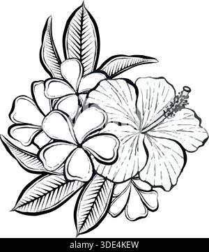 Detailed vector line illustration of tropical flowers with hibiscus and plumeria leaves, on white background, elegant botanical graphic ideal for logos, prints, packaging and modern design projects. Stock Vector