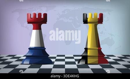 Two Standing Rooks Representing Belgium vs Netherlands with Flags on Bodies and World Map in Background Stock Vector