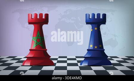 Two Standing Rooks Representing Morocco vs EU with Flags on Bodies and World Map in Background Stock Vector