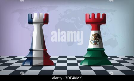 Two Standing Rooks Representing Mexico vs France with Flags on Bodies and World Map in Background Stock Vector