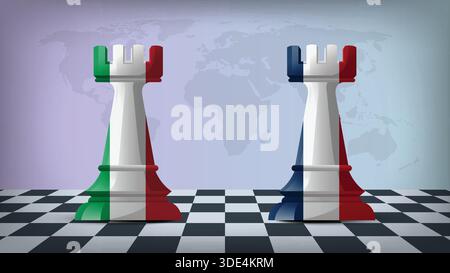 Two Standing Rooks Representing France vs Italy with Flags on Bodies and World Map in Background Stock Vector