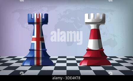 Two Standing Rooks Representing Iceland vs Greenland with Flags on Bodies and World Map in Background Stock Vector