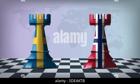 Two Standing Rooks Representing Norway vs Sweden with Flags on Bodies and World Map in Background Stock Vector
