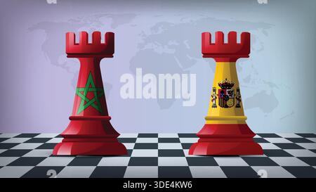 Two Standing Rooks Representing Morocco vs Spain with Flags on Bodies and World Map in Background Stock Vector