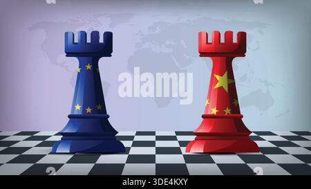Two Standing Rooks Representing EU vs CHINA with Flags on Bodies and World Map in Background Stock Vector