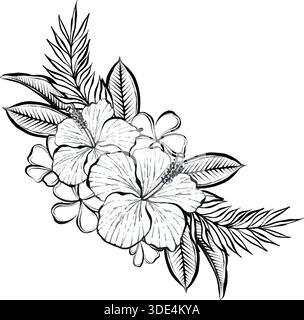 Vector line illustration of tropical floral composition with plumeria flowers and palm leaves, on white background, clean botanical graphic for logos, prints, packaging, posters and modern design. Stock Vector