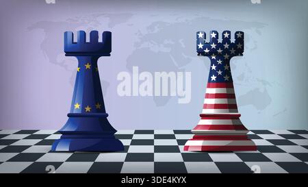 Two Standing Rooks Representing EU vs USA with Flags on Bodies and World Map in Background Stock Vector