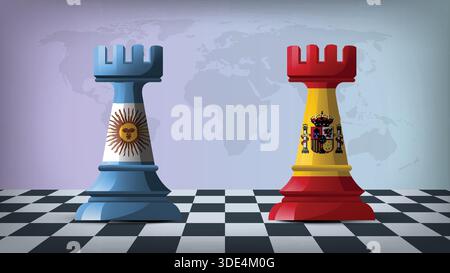 Two Standing Rooks Representing Spain vs Argentine with Flags on Bodies and World Map in Background Stock Vector