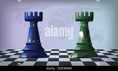 Two Standing Rooks Representing EU vs AU with Flags on Bodies and World Map in Background Stock Vector