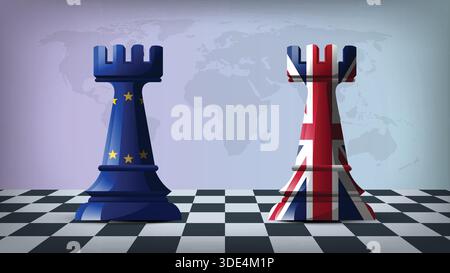 Two Standing Rooks Representing EU vs UK with Flags on Bodies and World Map in Background Stock Vector