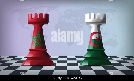 Two Standing Rooks Representing Morocco vs Algeria with Flags on Bodies and World Map in Background Stock Vector