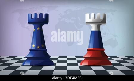 Two Standing Rooks Representing EU vs Russia with Flags on Bodies and World Map in Background Stock Vector