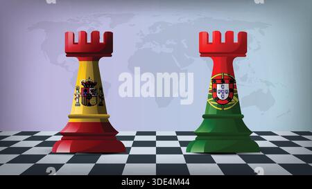 Two Standing Rooks Representing Spain vs Portugal with Flags on Bodies and World Map in Background Stock Vector