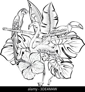 Flamingo and parrot surrounded by tropical leaves and flowers in vector line illustration, isolated on white background, botanical wildlife graphic ideal for logos, prints, posters and branding uses. Stock Vector