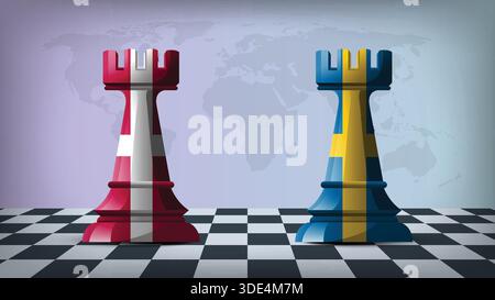 Two Standing Rooks Representing Denmark vs Sweden with Flags on Bodies and World Map in Background Stock Vector