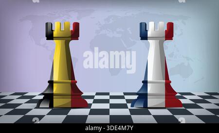 Two Standing Rooks Representing Belgium vs France with Flags on Bodies and World Map in Background Stock Vector