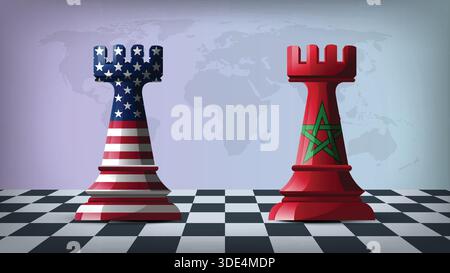 Two Standing Rooks Representing USA vs Morocco with Flags on Bodies and World Map in Background Stock Vector