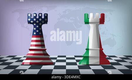 Two Standing Rooks Representing USA vs Italy with Flags on Bodies and World Map in Background Stock Vector