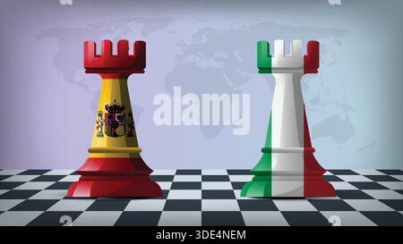 Two Standing Rooks Representing Italy vs Spain with Flags on Bodies and World Map in Background Stock Vector