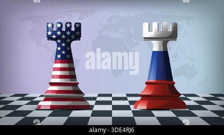 Two Standing Rooks Representing USA vs Russia with Flags on Bodies and World Map in Background Stock Vector