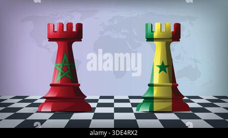 Two Standing Rooks Representing Morocco vs Senegal with Flags on Bodies and World Map in Background Stock Vector