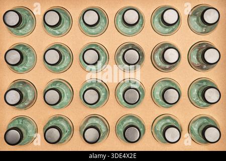 Looking Straight Down on a Case of Wine Bottlels as Absrtact Art Stock Photo