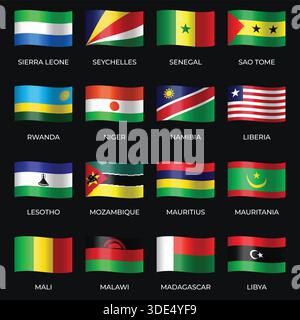 Set of Variant Wavy Flags Isolated on Dark Background Stock Vector
