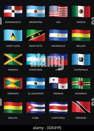 Set of Variant Wavy Flags Isolated on Dark Background Stock Vector